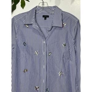 Talbots striped button down blouse rhinestone flowers and insect hand beaded. M